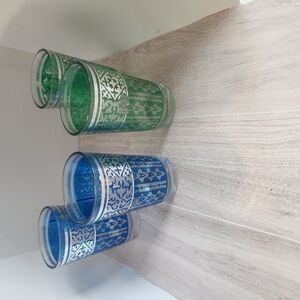 Elegant Blue and Green Patterned Glass Set